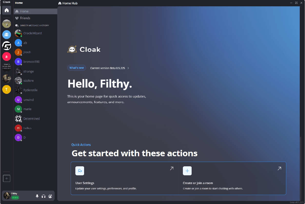 The Cloak app showing the home hub with encrypted rooms, voice channels, and direct messages