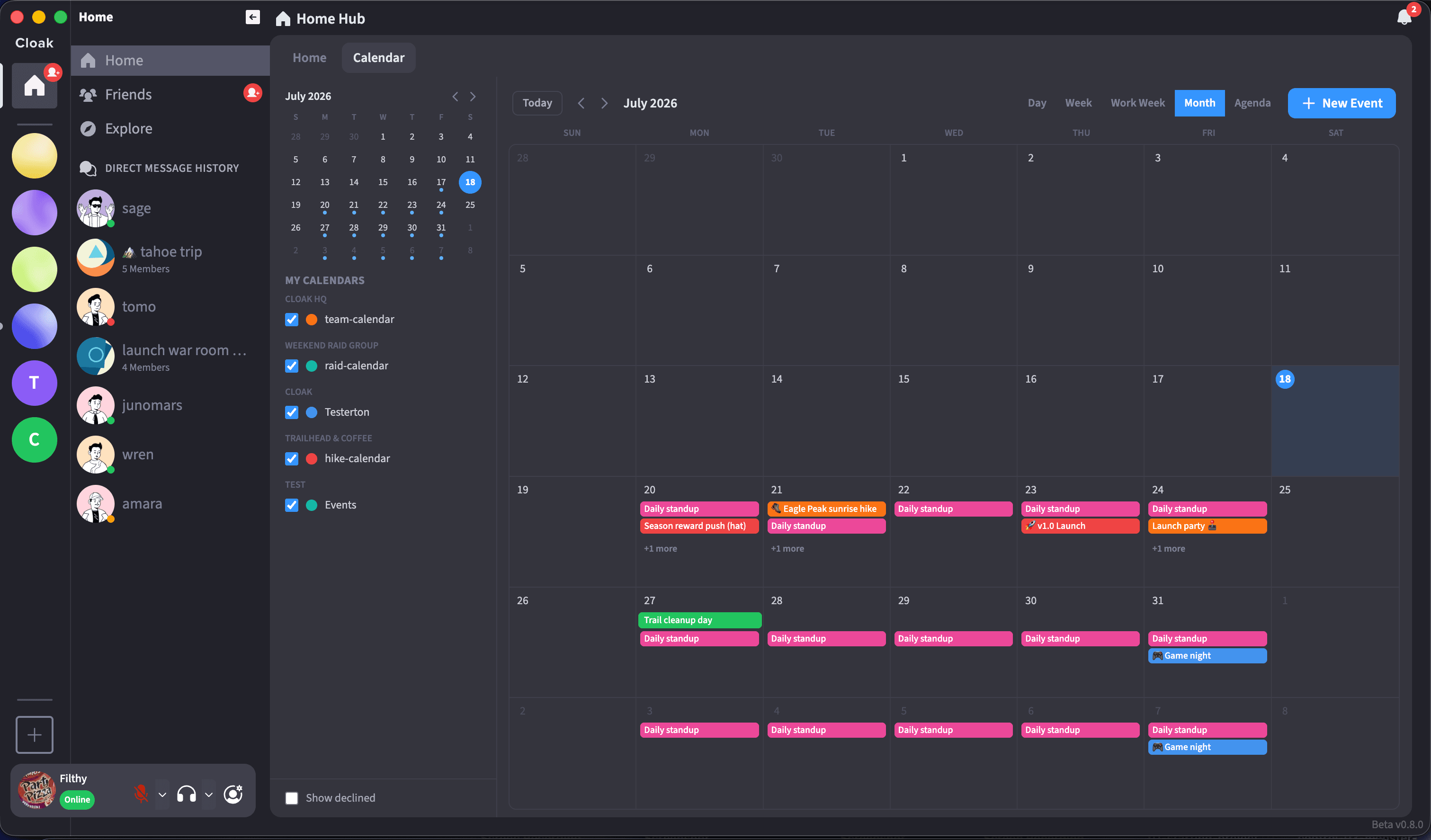 A shared encrypted calendar inside a Cloak room