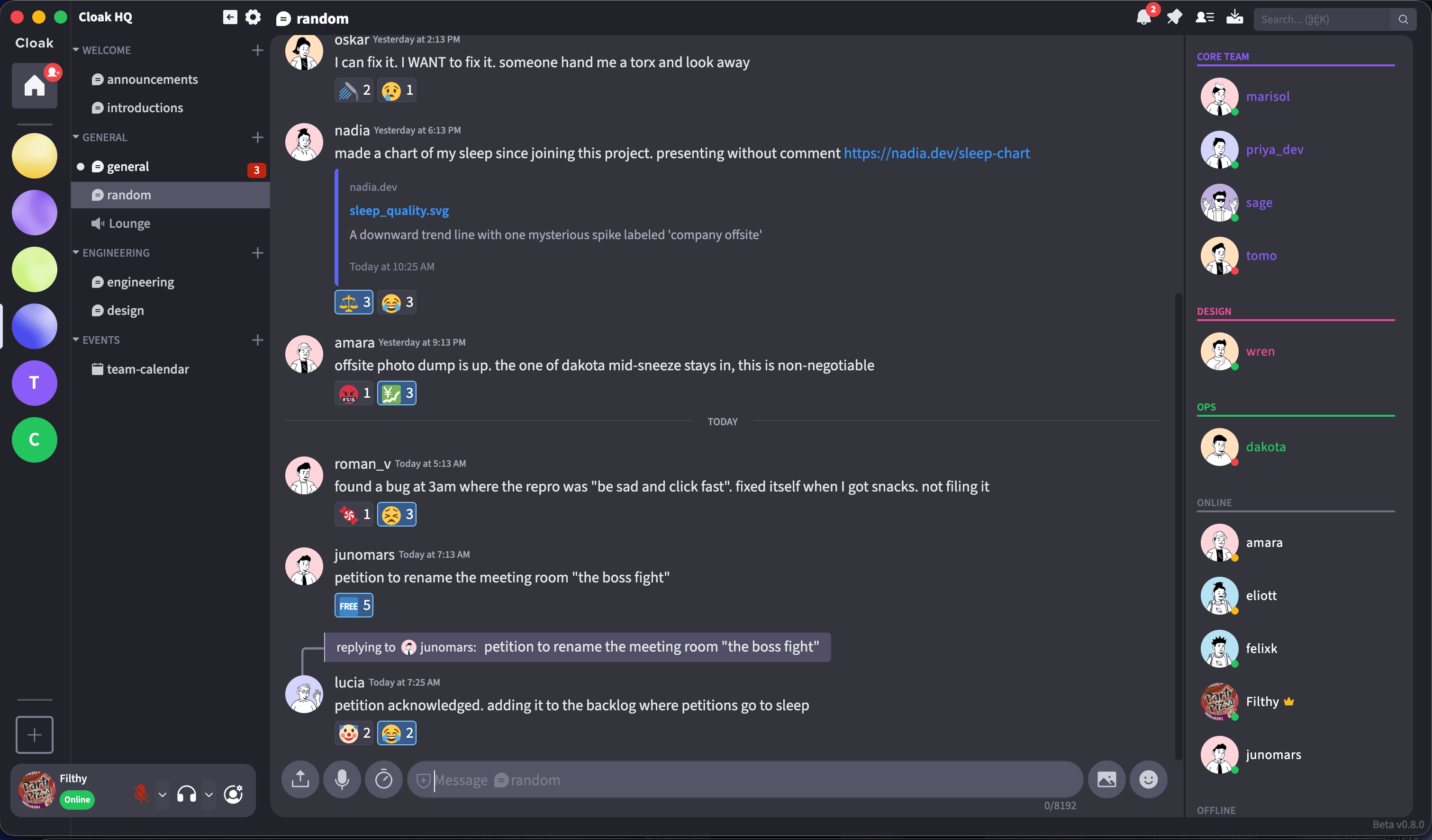 The Cloak app showing encrypted rooms, channels, and a live conversation